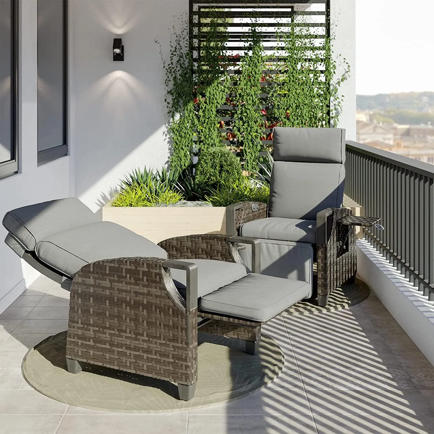 Grand patio Outdoor Recliner Air Pump 150° Lay Flat Reclining Chair with Independent Adjustable Back and Footrest Removable Olefin Cushion Flip-Up Table Wicker Grey 2PCS