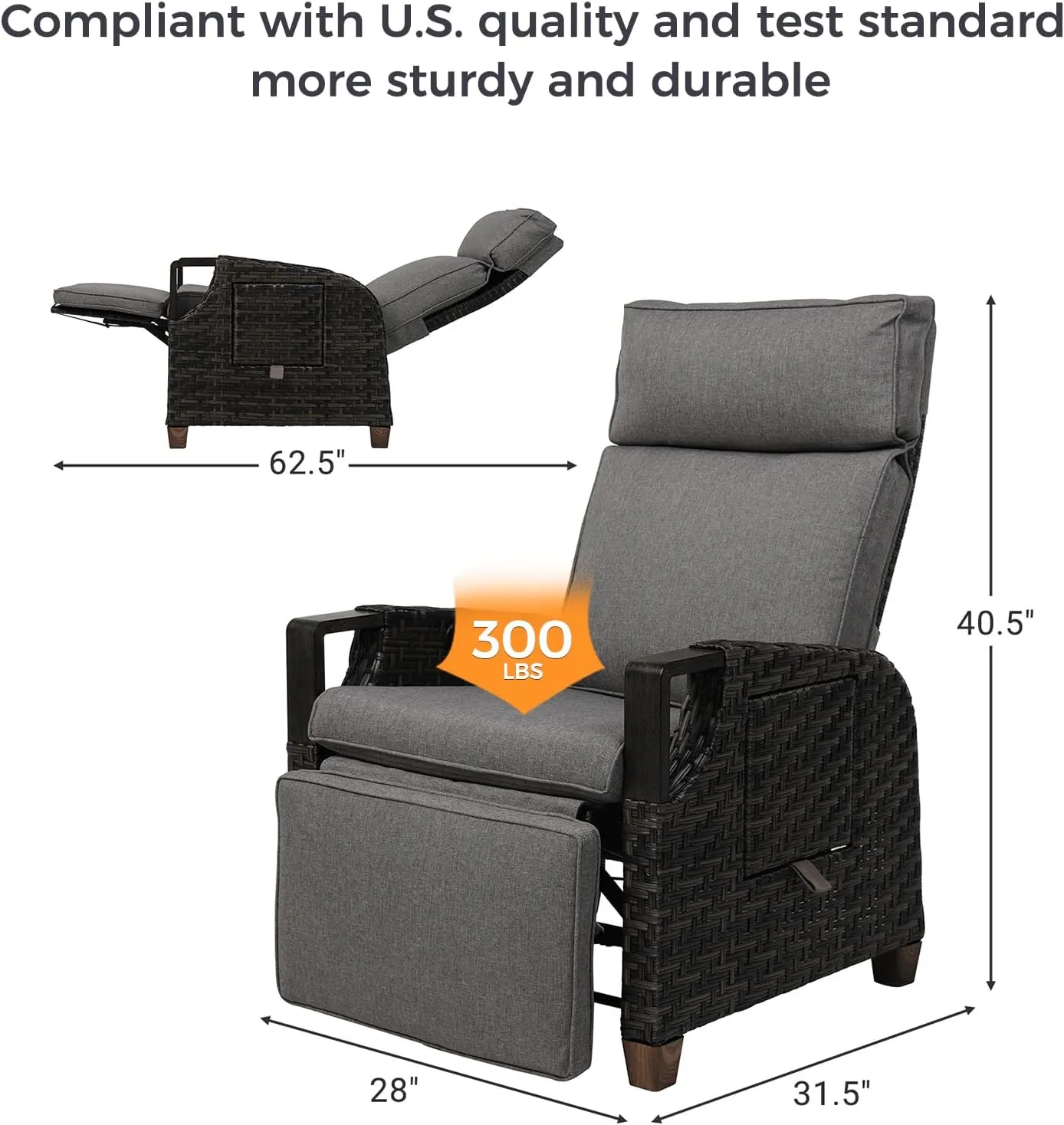 Grand patio Outdoor Recliner Air Pump 150° Lay Flat Reclining Chair with Independent Adjustable Back and Footrest Removable Olefin Cushion Flip-Up Table Wicker Grey 2PCS