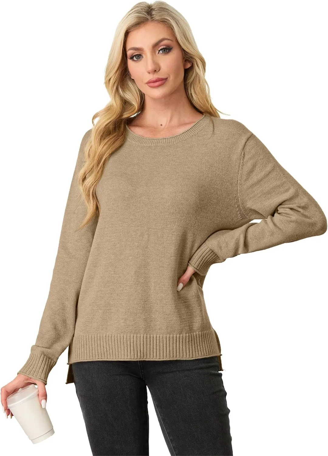 GRECERELLE Women's 2024 Fall & Winter Fashion Sweater Crewneck Drop Shoulder Long Sleeve Rolled Edges Casual Pullover Tops
