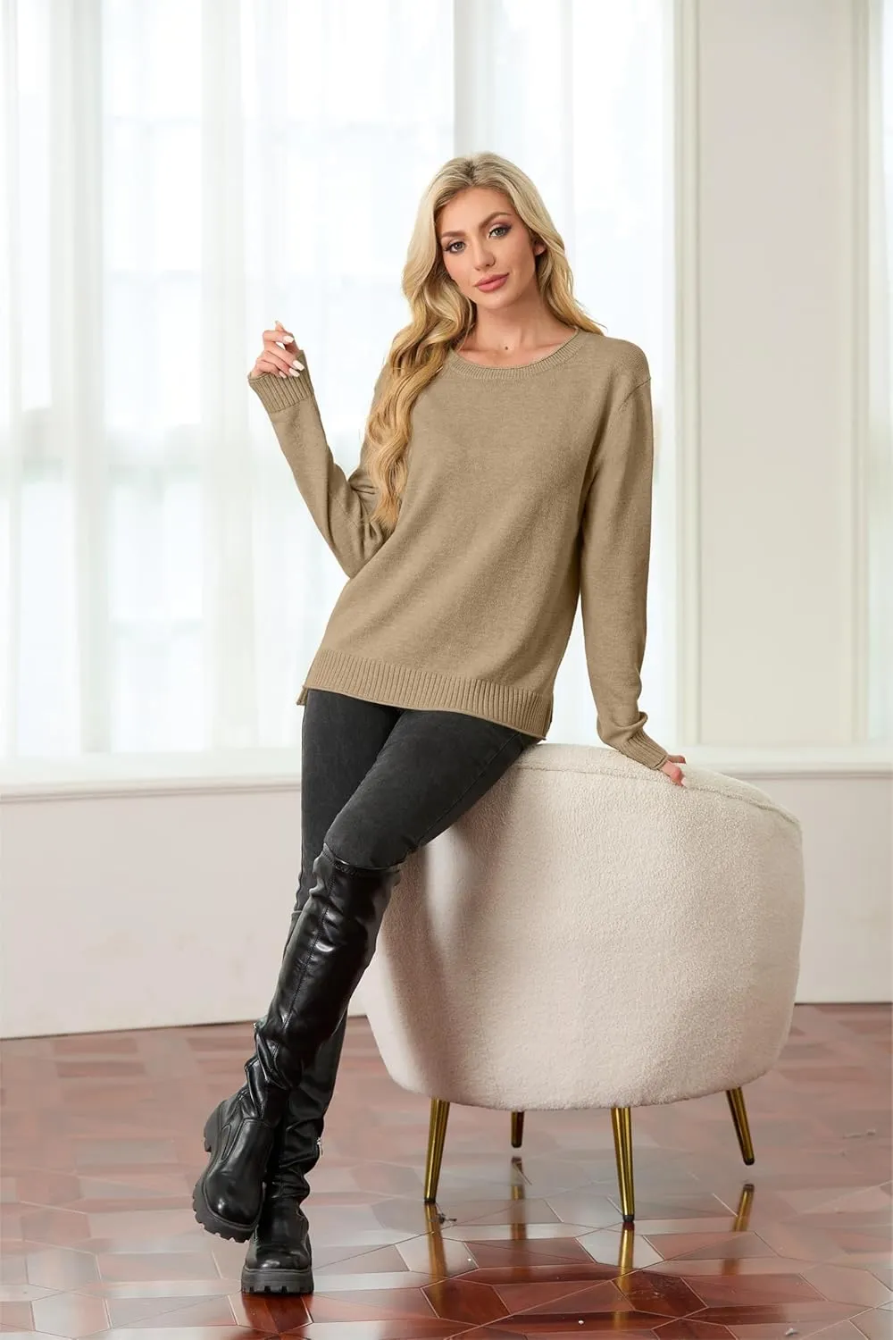 GRECERELLE Women's 2024 Fall & Winter Fashion Sweater Crewneck Drop Shoulder Long Sleeve Rolled Edges Casual Pullover Tops