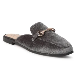 Grey Velvet Buckled Flat Mules