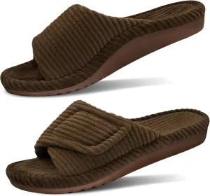 GRITHEIM Women's Orthopedic Arch Support Slippers Fuzzy Adjustable Orthotic Slippers for Plantar Fasciitis Ladies Furry Supportive Corduroy Memory Foam Open Toe Gift Slide