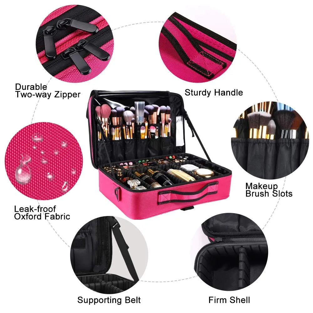 gzcz Professional Travel Makeup Case 13.5 Inches Makeup Bag Cosmetic Brush Organizer Portable Artist Storage Train Bag with Adjustable Dividers for Make Up Accessories（M-Rose Red）