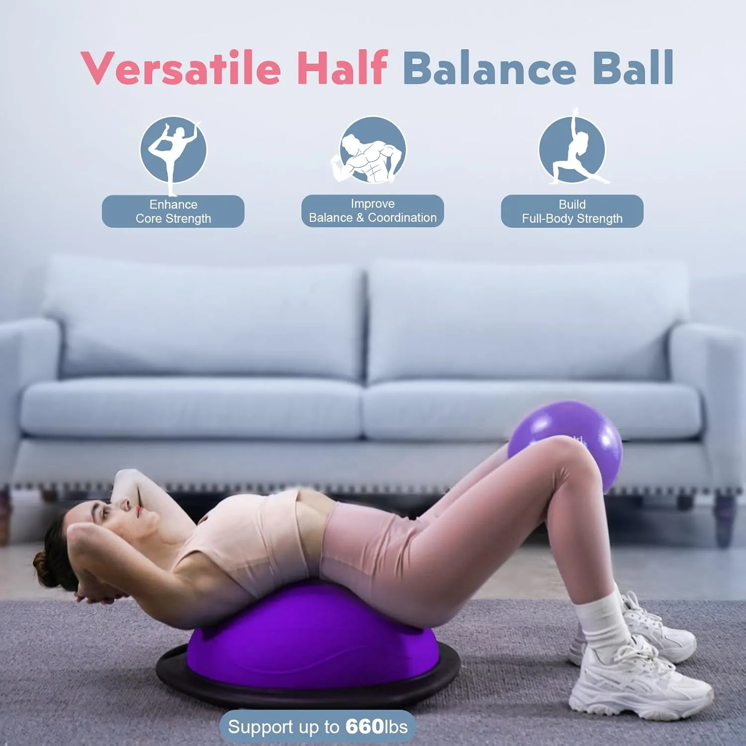 Half Balance Ball Trainer, Inflatable Half Exercise Ball Balance Trainer with Pilates Ball & Resistance Bands, Non-Slip Half Yoga Ball for Home Gym Full Body Workouts