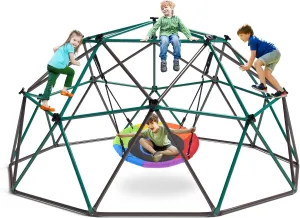 Hapfan 10 ft Climbing Dome Swing Set with Saucer Swing, Jungle Gym for Kids Outdoor Backyard, Supports 800lbs, Easy Asssembly, Rust-Resistant Outdoor Playset for Ages 3-8 8-12 (Green and Brown)