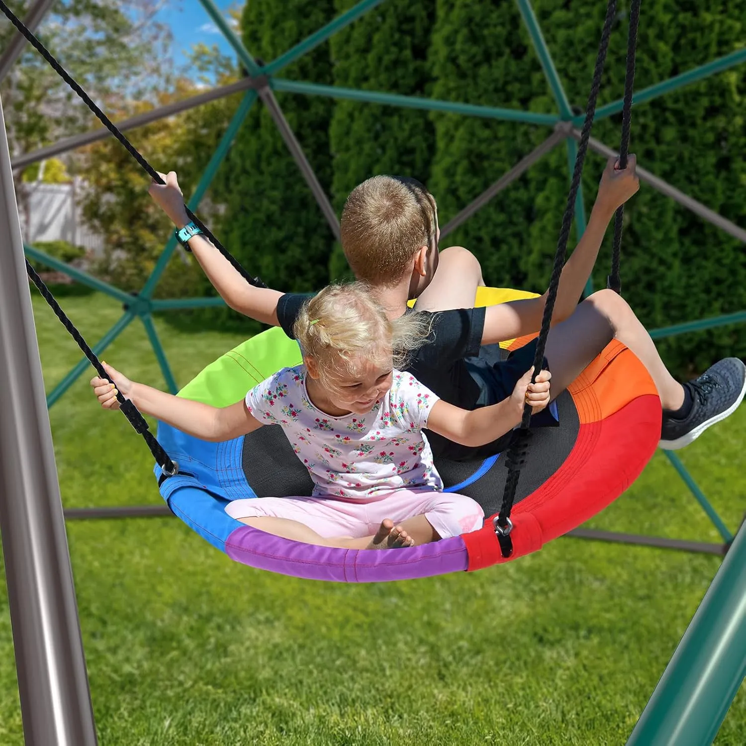 Hapfan 10 ft Climbing Dome Swing Set with Saucer Swing, Jungle Gym for Kids Outdoor Backyard, Supports 800lbs, Easy Asssembly, Rust-Resistant Outdoor Playset for Ages 3-8 8-12 (Green and Brown)
