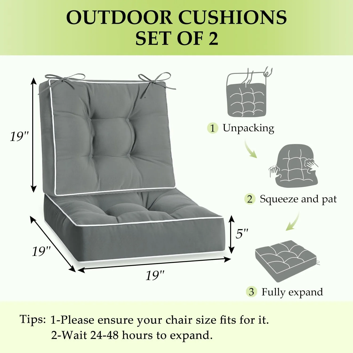 HARBOREST Outdoor Chair Cushions Set of 2, Tufted Patio Chair Cushions with Ties, Square Corner Outdoor Cushions for Patio Furniture, Lawn Chairs, Wicker Chairs, 19" x 19" x 5", Grey