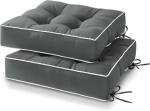 HARBOREST Outdoor Chair Cushions Set of 2, Tufted Patio Chair Cushions with Ties, Square Corner Outdoor Cushions for Patio Furniture, Lawn Chairs, Wicker Chairs, 19" x 19" x 5", Grey