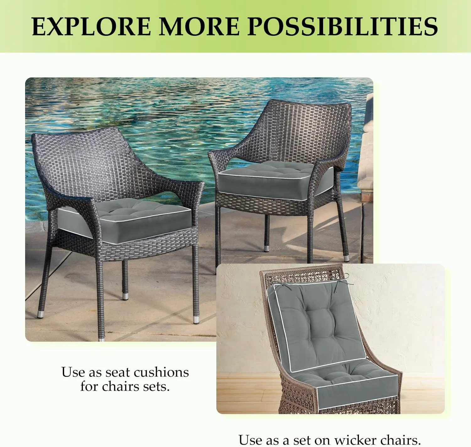HARBOREST Outdoor Chair Cushions Set of 2, Tufted Patio Chair Cushions with Ties, Square Corner Outdoor Cushions for Patio Furniture, Lawn Chairs, Wicker Chairs, 19" x 19" x 5", Grey