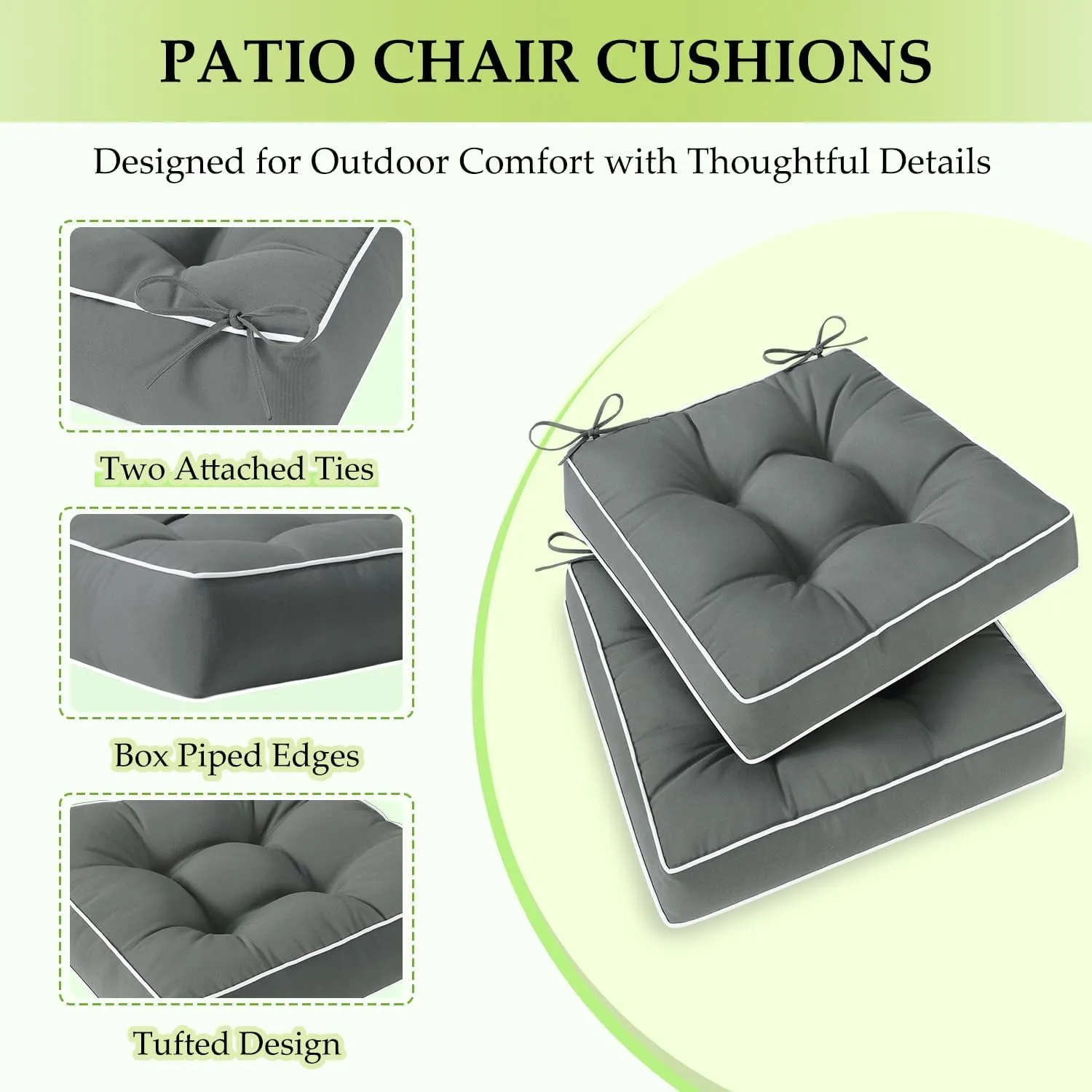 HARBOREST Outdoor Chair Cushions Set of 2, Tufted Patio Chair Cushions with Ties, Square Corner Outdoor Cushions for Patio Furniture, Lawn Chairs, Wicker Chairs, 19" x 19" x 5", Grey