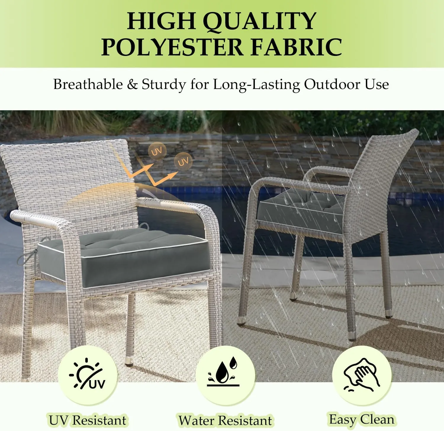 HARBOREST Outdoor Chair Cushions Set of 2, Tufted Patio Chair Cushions with Ties, Square Corner Outdoor Cushions for Patio Furniture, Lawn Chairs, Wicker Chairs, 19" x 19" x 5", Grey