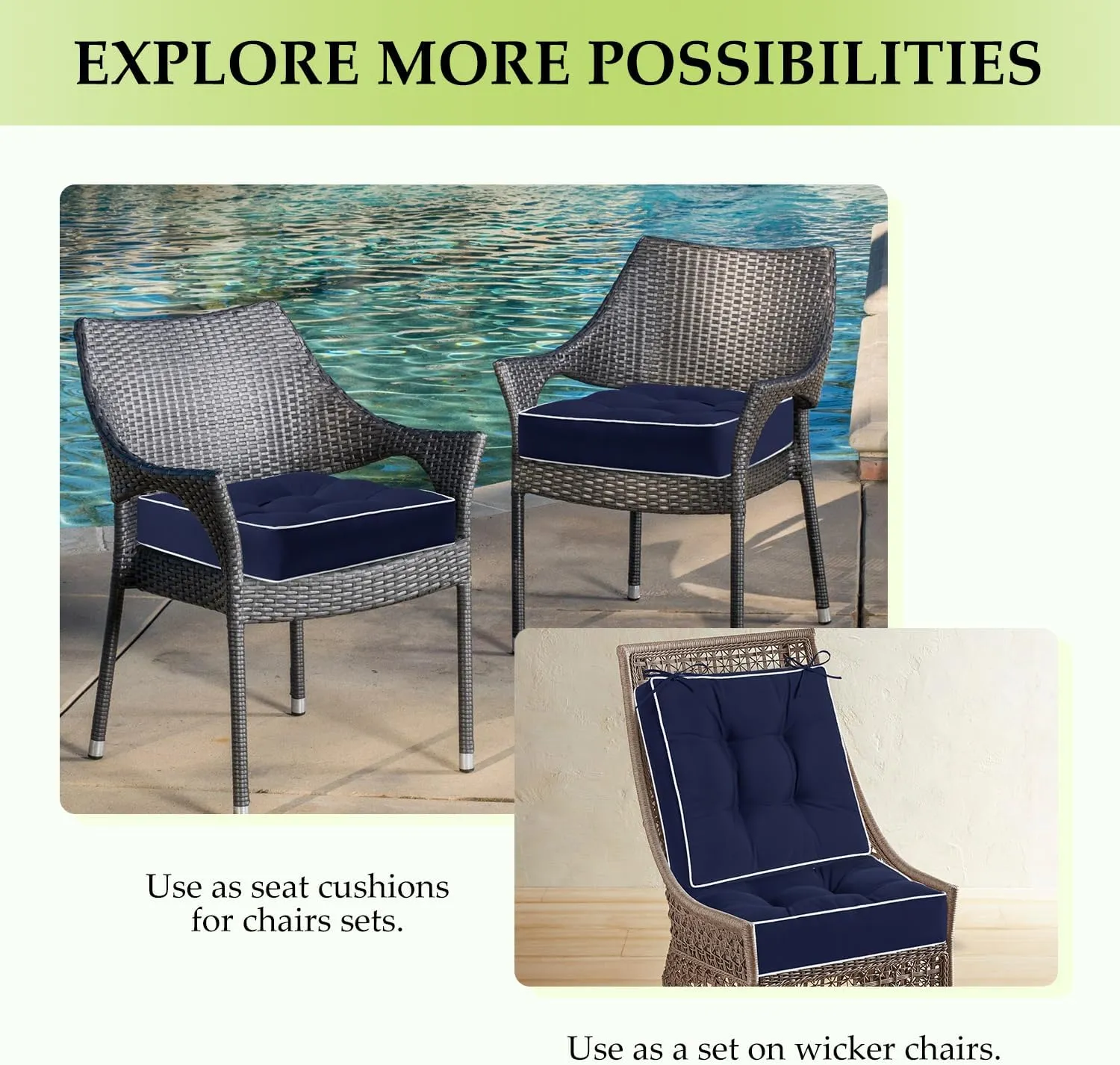 HARBOREST Outdoor Chair Cushions Set of 2, Tufted Patio Chair Cushions with Ties, Square Corner Outdoor Cushions for Patio Furniture, Lawn Chairs, Wicker Chairs, 19" x 19" x 5", Navy