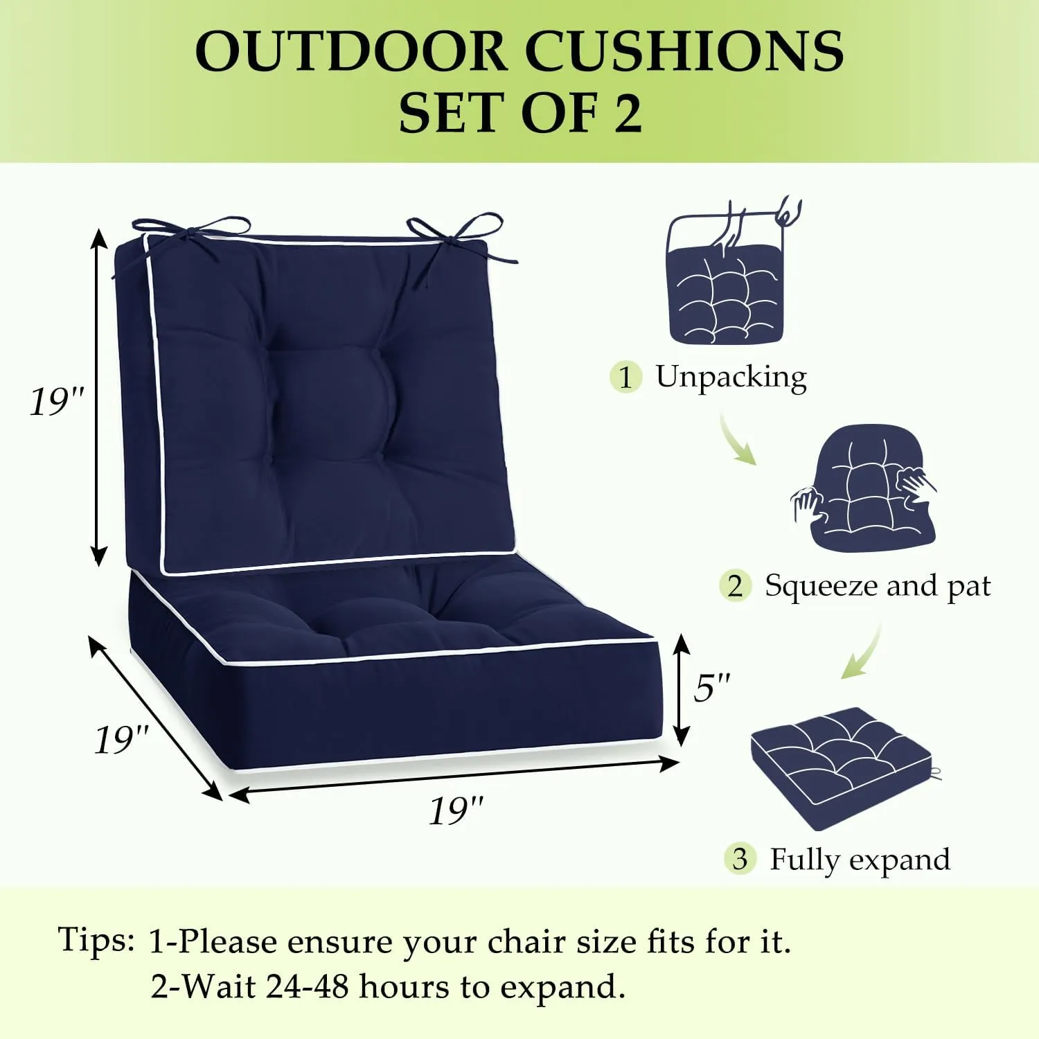 HARBOREST Outdoor Chair Cushions Set of 2, Tufted Patio Chair Cushions with Ties, Square Corner Outdoor Cushions for Patio Furniture, Lawn Chairs, Wicker Chairs, 19" x 19" x 5", Navy