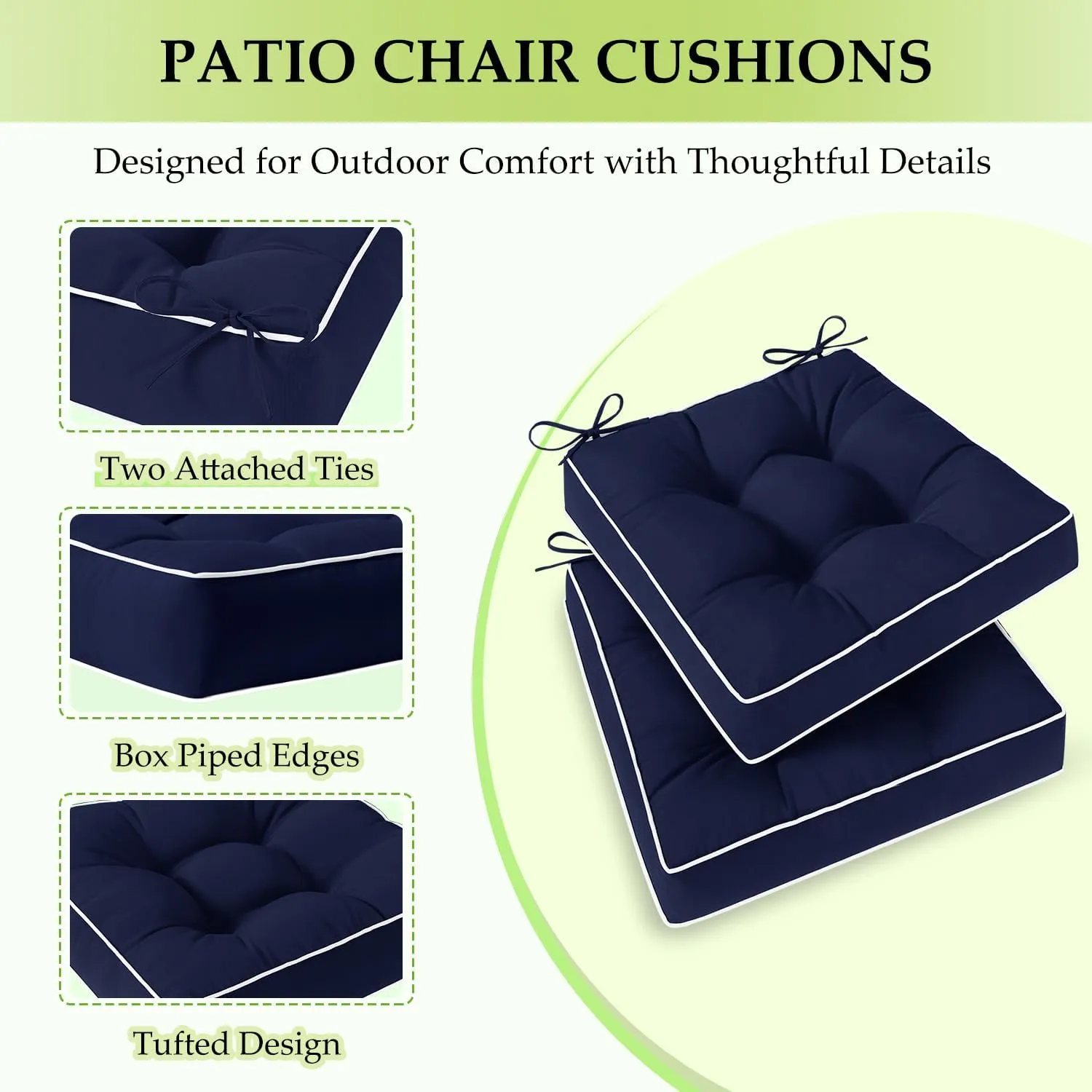 HARBOREST Outdoor Chair Cushions Set of 2, Tufted Patio Chair Cushions with Ties, Square Corner Outdoor Cushions for Patio Furniture, Lawn Chairs, Wicker Chairs, 19" x 19" x 5", Navy