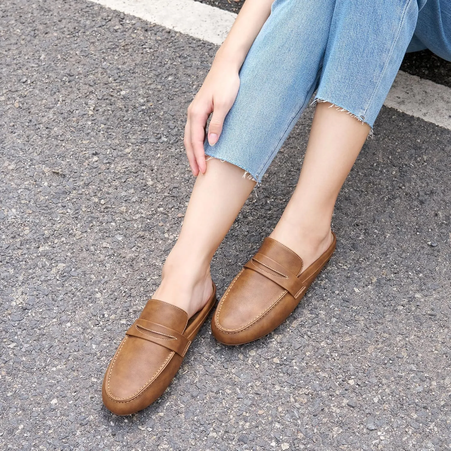 HARENCE Mules for Women Flats Shoes: Comfortable Dressy Round Toe Backless Mule Slides Casual Walking Slip On Work Loafers