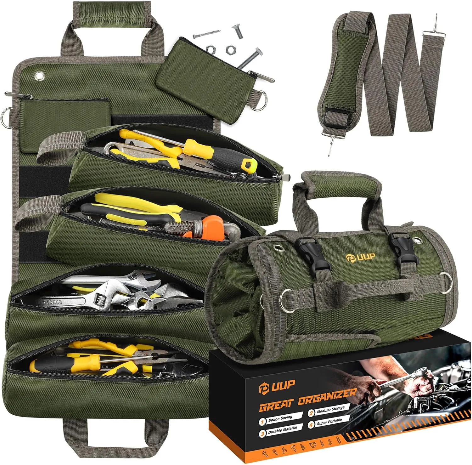 Heavy Duty Tool Bag, Roll Up Tool Organizer for Men Women, Portable Tool Storage Box with 4 Detachable Zipper Pouch, Compact Small Carrier Bag for Electrician Mechanic, Father Day Dad Gift, Green