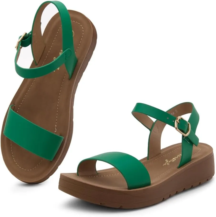 Herstyle MARINNA Women's Flat Sandals, Open Toe Single Band Ankle Strap Buckled Casual Flat Sandals with Cushioned Footbed for Walking and Summer Wear