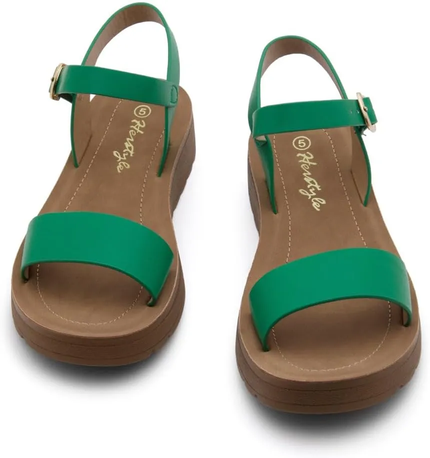 Herstyle MARINNA Women's Flat Sandals, Open Toe Single Band Ankle Strap Buckled Casual Flat Sandals with Cushioned Footbed for Walking and Summer Wear