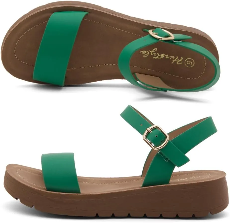 Herstyle MARINNA Women's Flat Sandals, Open Toe Single Band Ankle Strap Buckled Casual Flat Sandals with Cushioned Footbed for Walking and Summer Wear