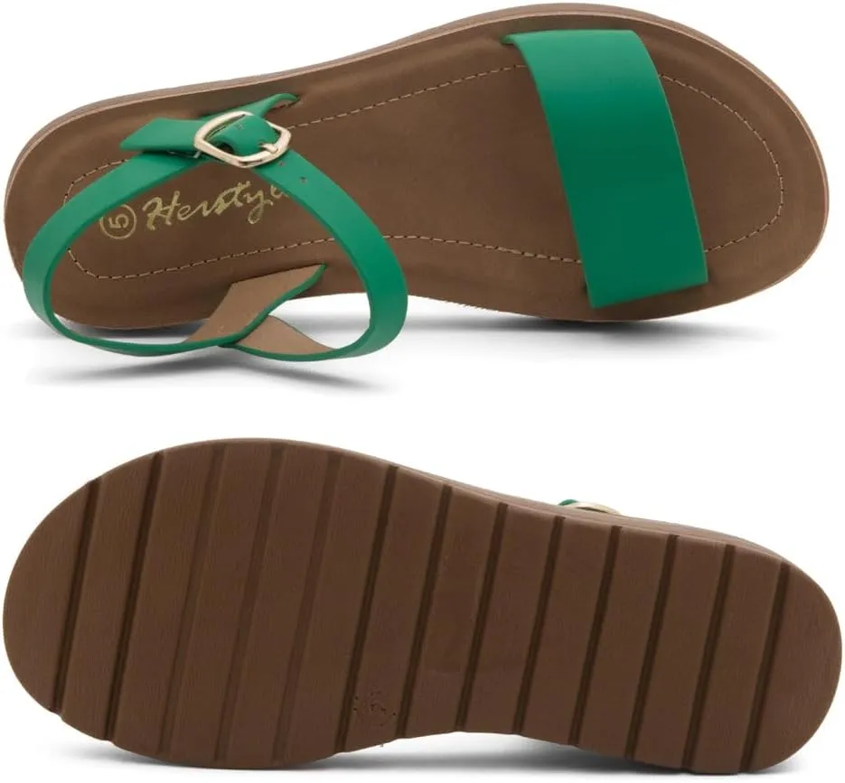Herstyle MARINNA Women's Flat Sandals, Open Toe Single Band Ankle Strap Buckled Casual Flat Sandals with Cushioned Footbed for Walking and Summer Wear