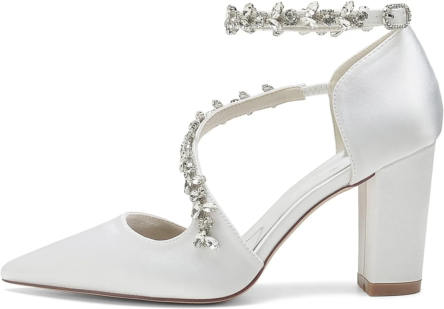 High Heels Closed Pointed Toe Block Heel Heeled Pumps Heels with Ankle Strap Rhinestone Chunky for Wedding Bride Dress Shoes Bridesmaids
