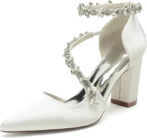 High Heels Closed Pointed Toe Block Heel Heeled Pumps Heels with Ankle Strap Rhinestone Chunky for Wedding Bride Dress Shoes Bridesmaids