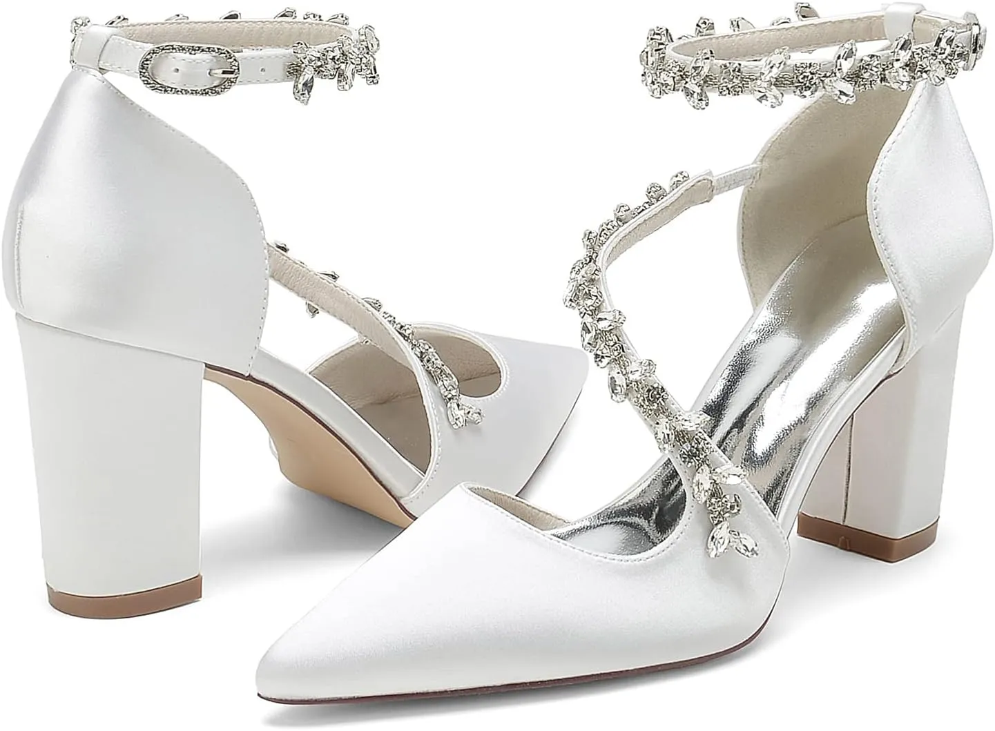 High Heels Closed Pointed Toe Block Heel Heeled Pumps Heels with Ankle Strap Rhinestone Chunky for Wedding Bride Dress Shoes Bridesmaids