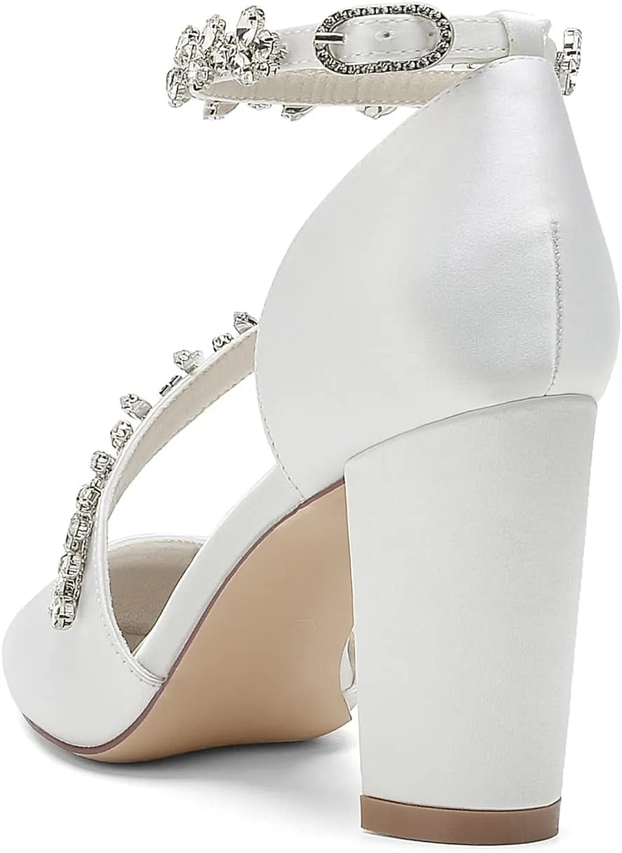 High Heels Closed Pointed Toe Block Heel Heeled Pumps Heels with Ankle Strap Rhinestone Chunky for Wedding Bride Dress Shoes Bridesmaids
