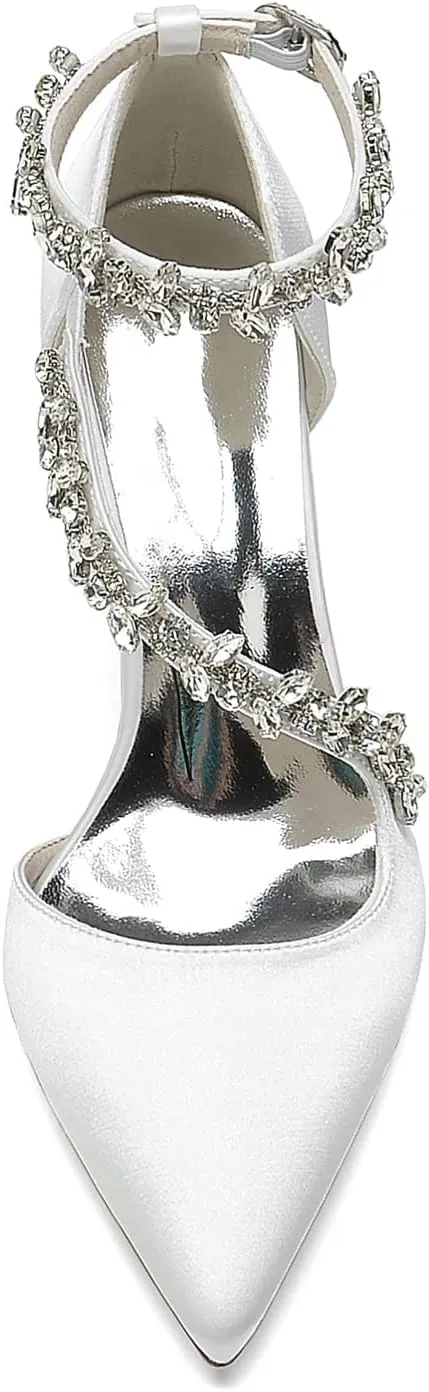 High Heels Closed Pointed Toe Block Heel Heeled Pumps Heels with Ankle Strap Rhinestone Chunky for Wedding Bride Dress Shoes Bridesmaids