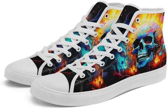 High-top Skull Canvas Sneaker for Men Women Lace up Fashion Unisex Flame Walking Casual Flat Shoes Black White Shoes
