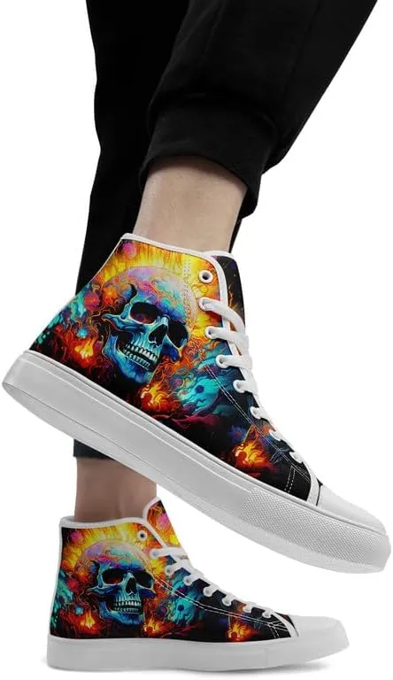 High-top Skull Canvas Sneaker for Men Women Lace up Fashion Unisex Flame Walking Casual Flat Shoes Black White Shoes