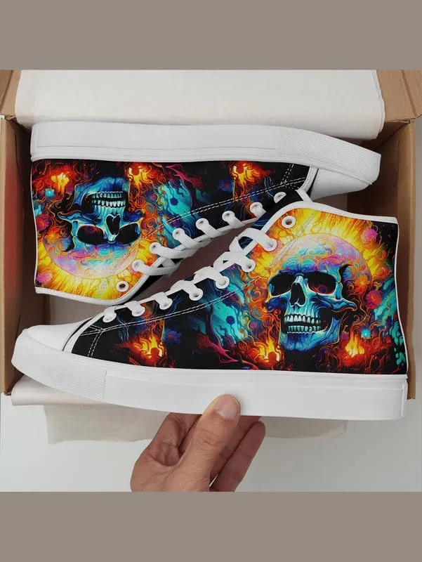 High-top Skull Canvas Sneaker for Men Women Lace up Fashion Unisex Flame Walking Casual Flat Shoes Black White Shoes