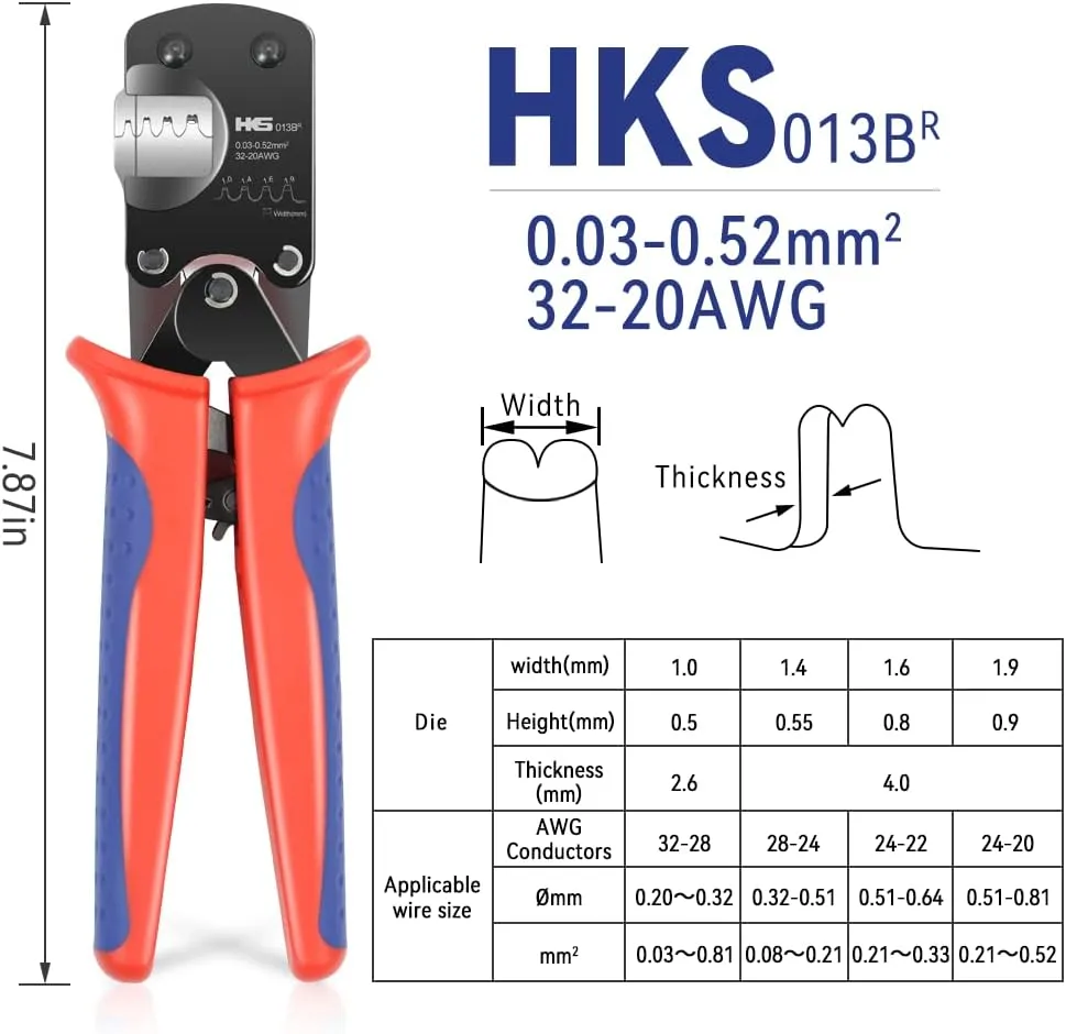 HKS Open Barrel Micro Pin Connectors Crimping Tool 0.03-0.52mm² 32-20 AWG Ratcheting Crimper for D-Sub, for Molex JST TE & JAE