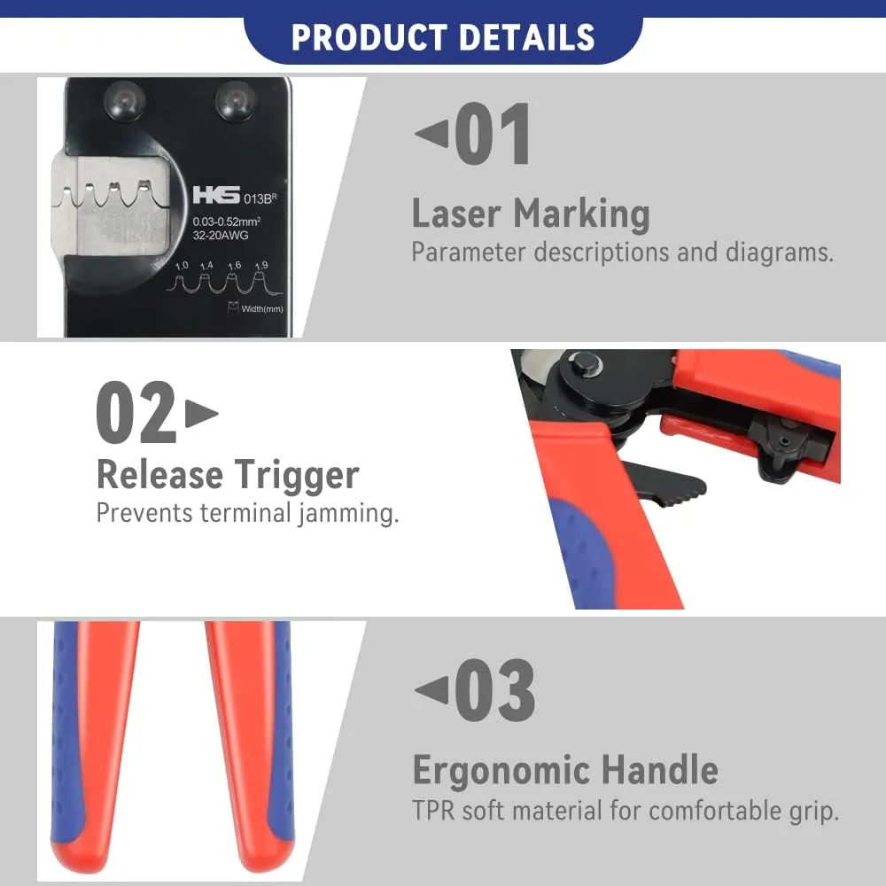 HKS Open Barrel Micro Pin Connectors Crimping Tool 0.03-0.52mm² 32-20 AWG Ratcheting Crimper for D-Sub, for Molex JST TE & JAE