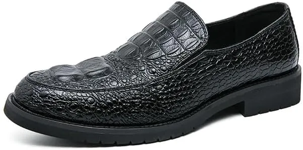 HOOENG Dress Oxford for Men Slip On Round Burnished Toe Crocodile Print Apron Toe Low Top Block Heel Slip Resistant Rubber Sole Non Slip Casual(Black,10)
