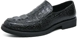 HOOENG Dress Oxford for Men Slip On Round Burnished Toe Crocodile Print Apron Toe Low Top Block Heel Slip Resistant Rubber Sole Non Slip Casual(Black,7)