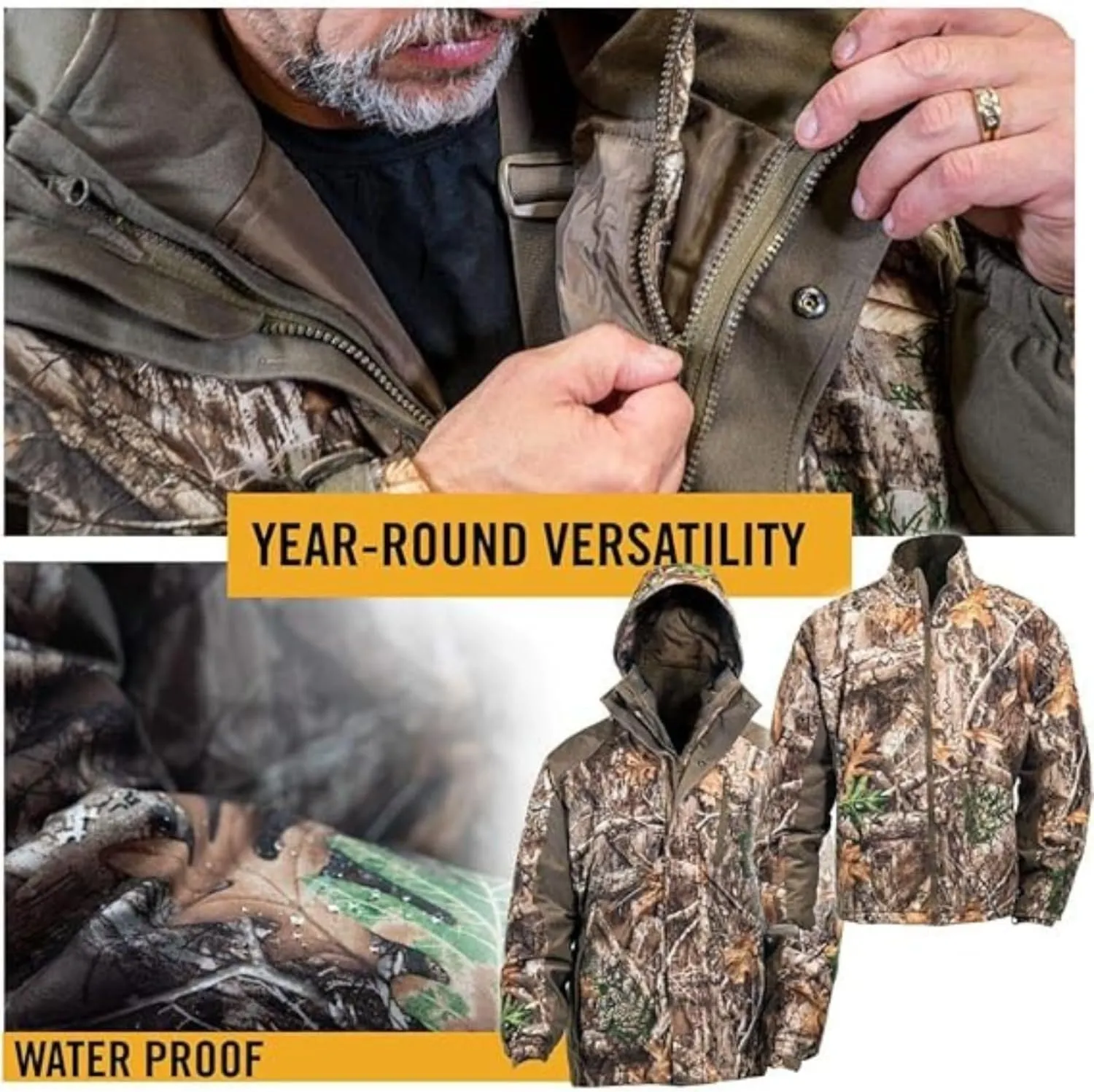 HOT SHOT Men’s 3-in-1 Insulated Camo Hunting Parka, Waterproof Jacket, Versatile Camouflage Hunting Clothes for Men