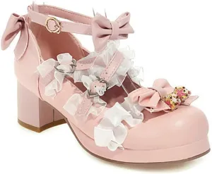 HOTRA Rockabilly Pumps for Women Girl Cross Strap Chunky Heel Lolita Platform Mary Jane Shoes for School (Color : Pink, Size : 3 US)