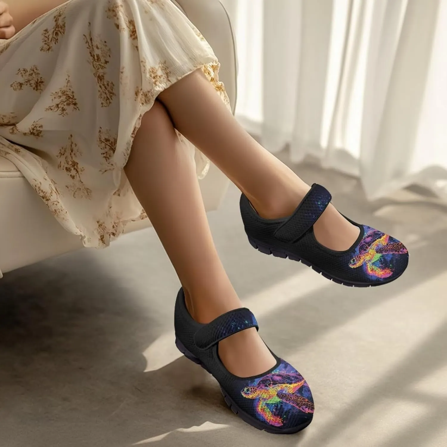 Howilath Animal Print Mary Jane Shoes Women Round Toe Dress Dance Shoes Mesh Casual Flats Shoes