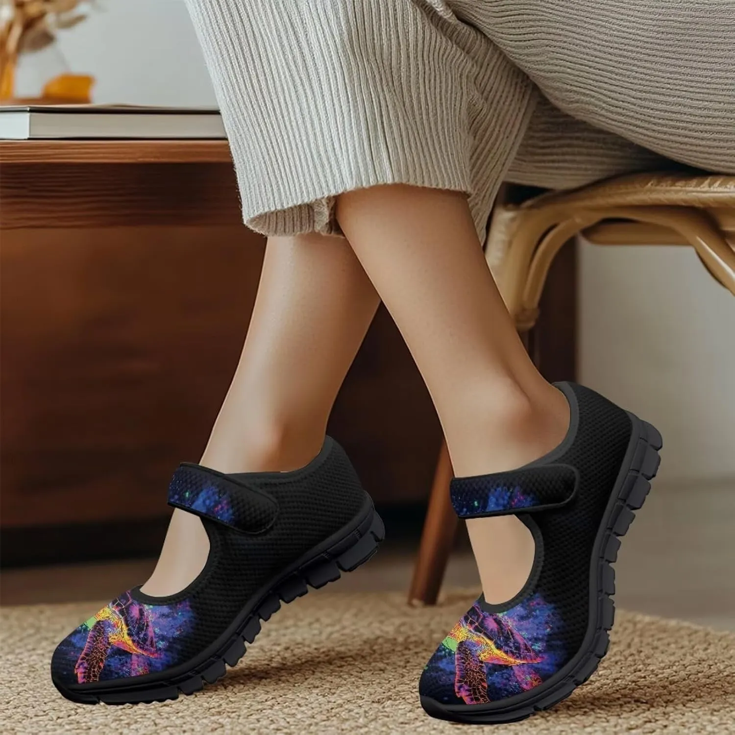 Howilath Animal Print Mary Jane Shoes Women Round Toe Dress Dance Shoes Mesh Casual Flats Shoes