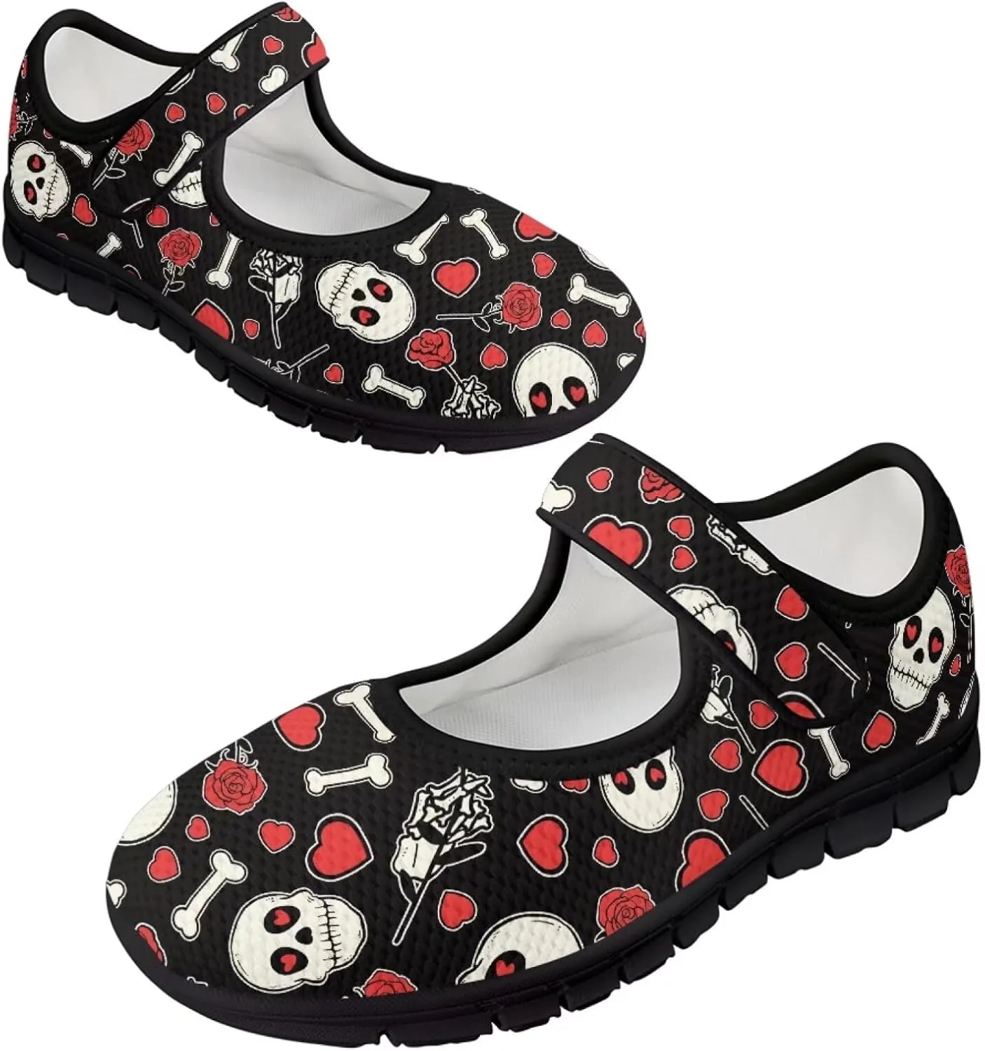 Howilath Gothic Skull Print Womens Mary Jane Shoes Flats Round Toe Ballet Flats Dress Dance Shoe swith Magic Sticker