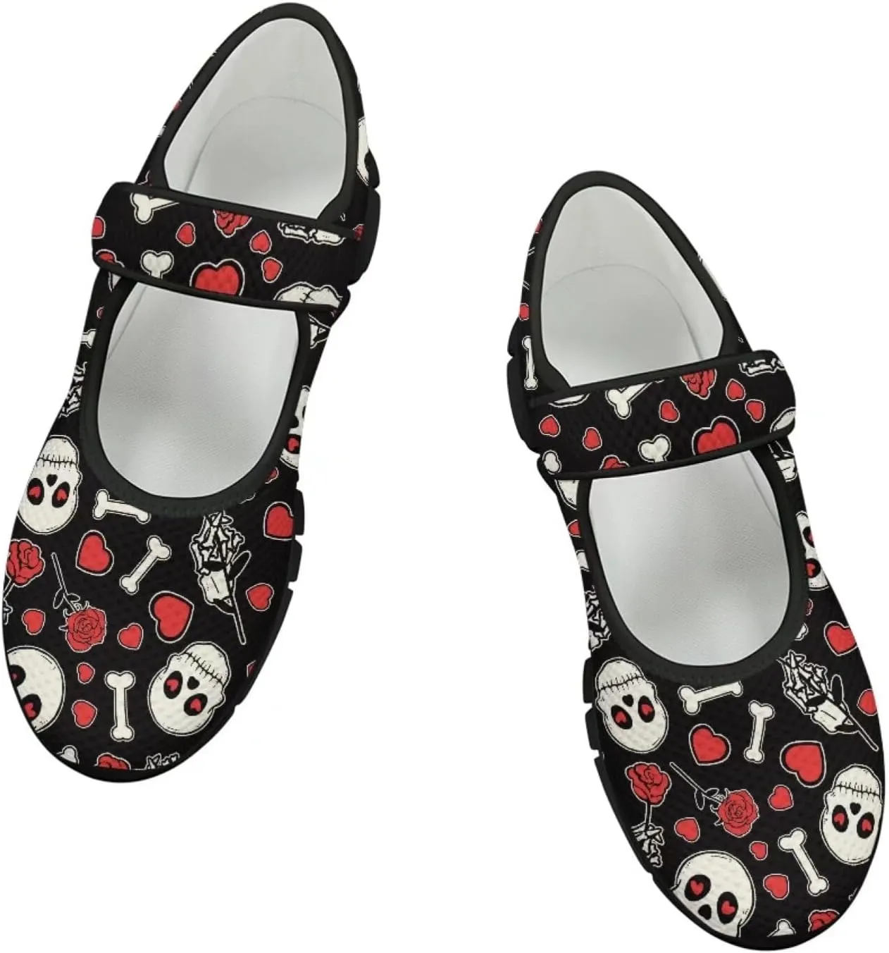 Howilath Gothic Skull Print Womens Mary Jane Shoes Flats Round Toe Ballet Flats Dress Dance Shoe swith Magic Sticker