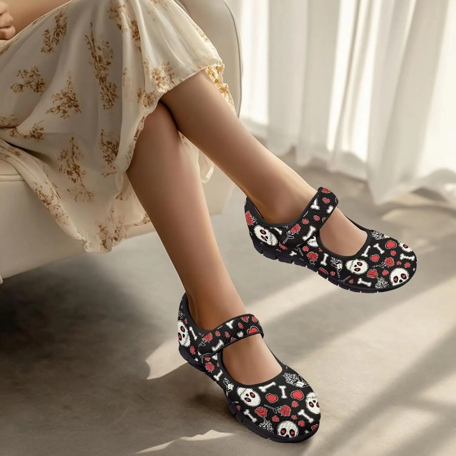Howilath Gothic Skull Print Womens Mary Jane Shoes Flats Round Toe Ballet Flats Dress Dance Shoe swith Magic Sticker
