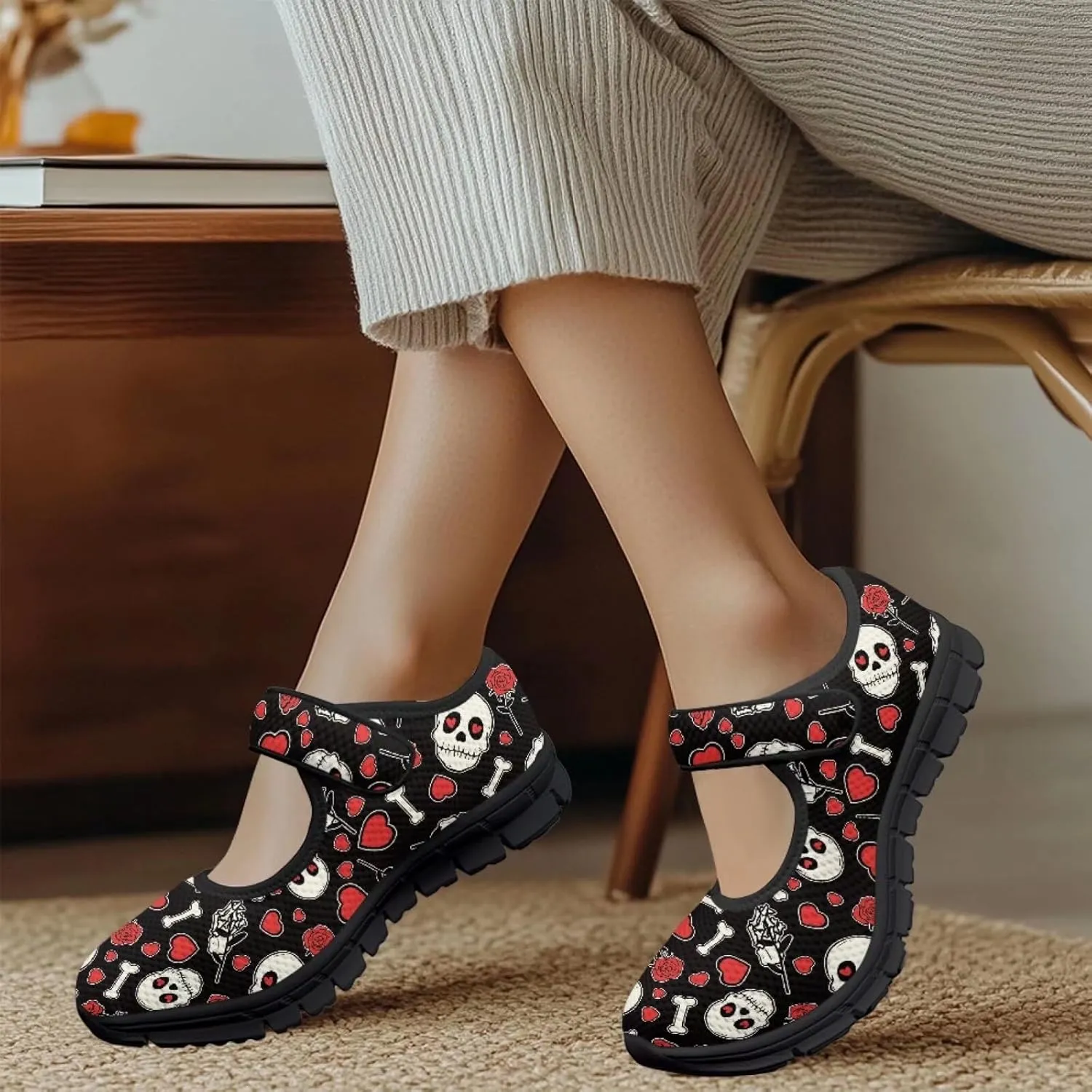 Howilath Gothic Skull Print Womens Mary Jane Shoes Flats Round Toe Ballet Flats Dress Dance Shoe swith Magic Sticker