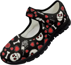 Howilath Gothic Skull Print Womens Mary Jane Shoes Flats Round Toe Ballet Flats Dress Dance Shoe swith Magic Sticker