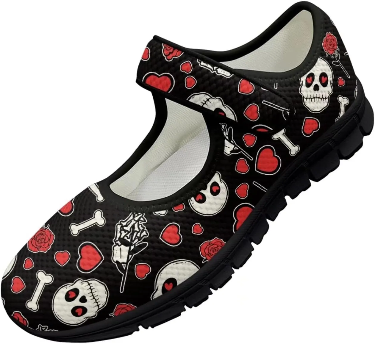 Howilath Gothic Skull Print Womens Mary Jane Shoes Flats Round Toe Ballet Flats Dress Dance Shoe swith Magic Sticker