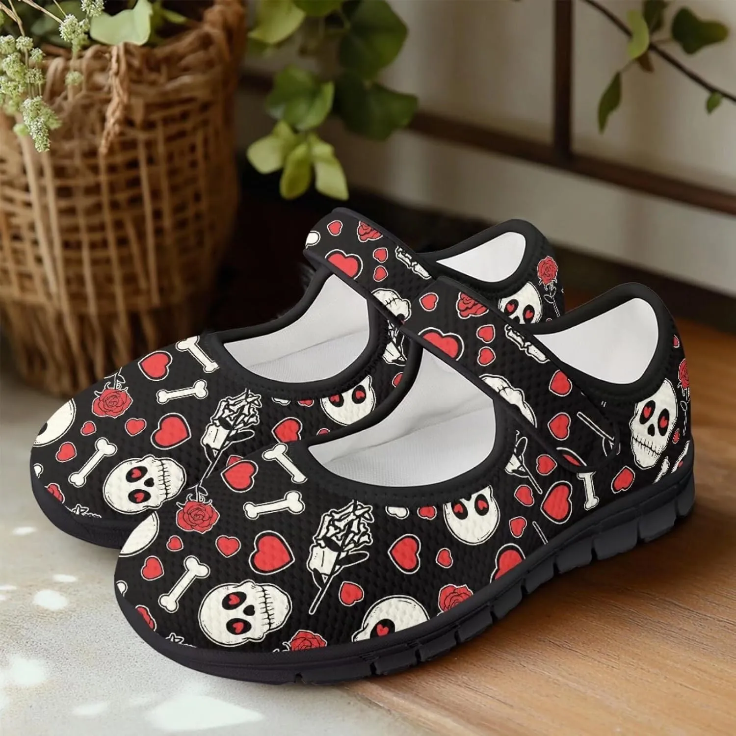 Howilath Gothic Skull Print Womens Mary Jane Shoes Flats Round Toe Ballet Flats Dress Dance Shoe swith Magic Sticker