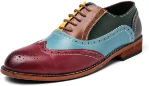 HuitJours Men Oxford Dress Shoes Multicolor Brogues Wing Tips Lace Up Patchwork Two Tone Color Matching Punched Round Toe
