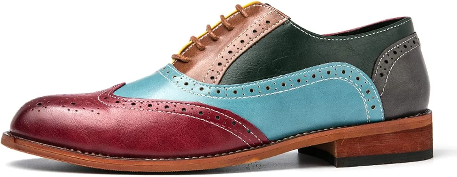 HuitJours Men Oxford Dress Shoes Multicolor Brogues Wing Tips Lace Up Patchwork Two Tone Color Matching Punched Round Toe