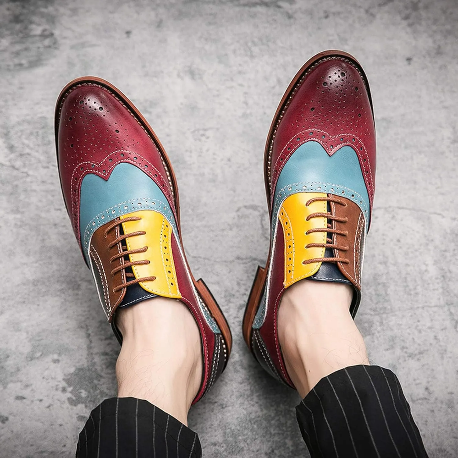 HuitJours Men Oxford Dress Shoes Multicolor Brogues Wing Tips Lace Up Patchwork Two Tone Color Matching Punched Round Toe